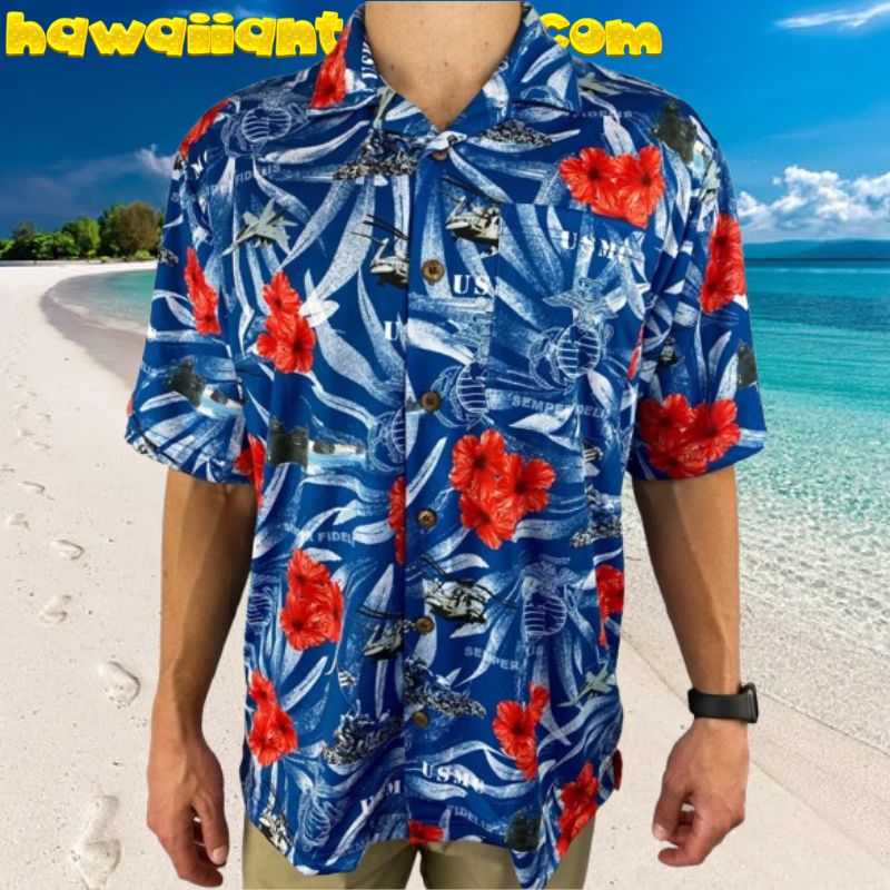 USMC Tropical Hibicus Blue Theme Hawaiian Shirt