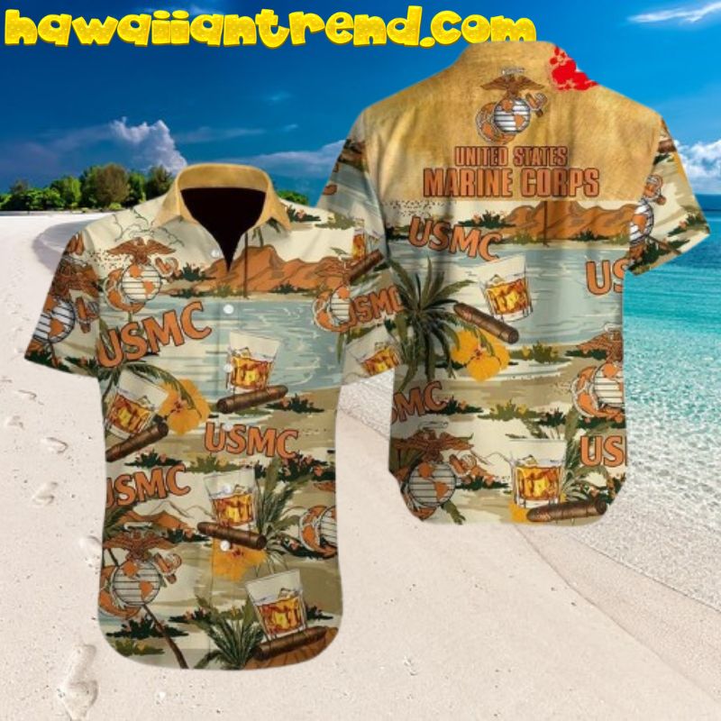 USMC Wine And Cigar On Tropical Island Hawaiian Shirt