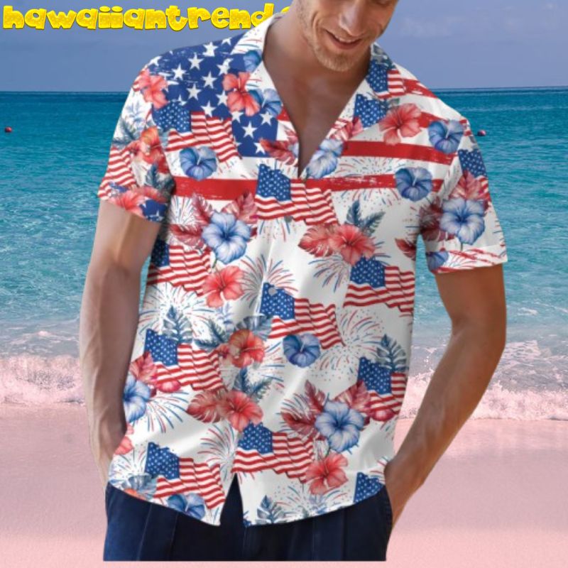 American Flag Aloha Hibicus Flower 4th Of July Mens Hawaiian Shirt