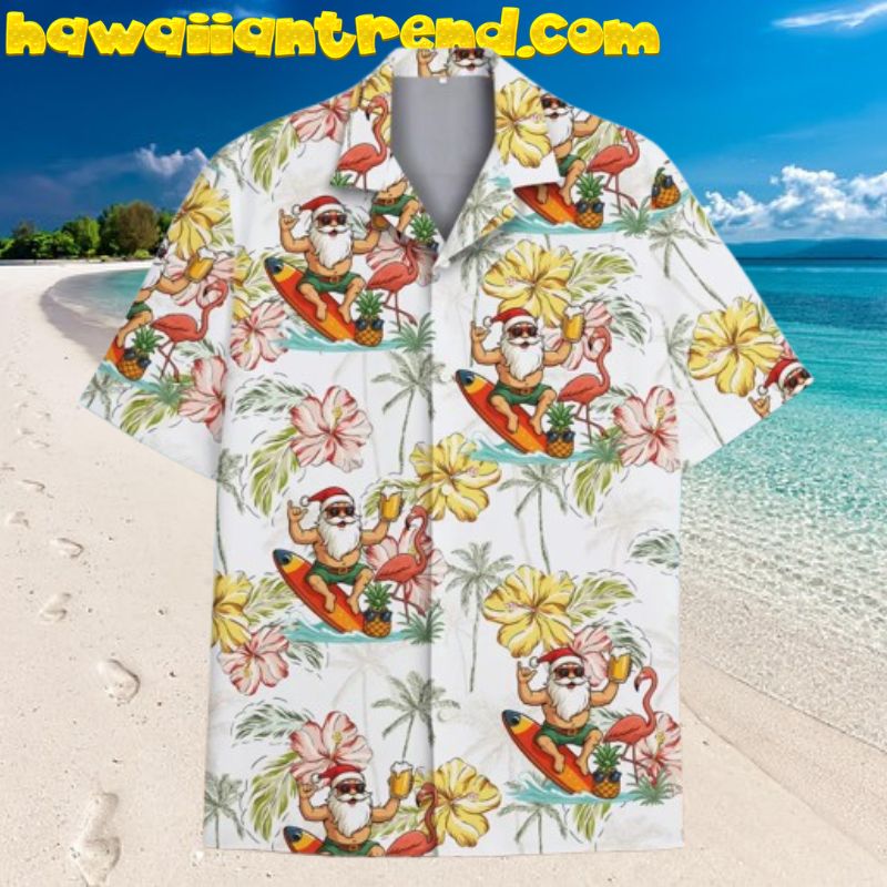 Funny Santa Surfing And Beer Hibicus Tropical Hawaiian Shirt