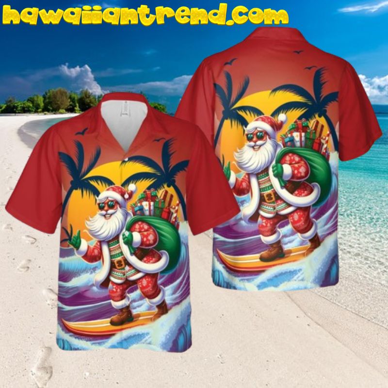 Funny Surfing And Delivery Gift Santa Claus Christmas Hawaiian Shirt