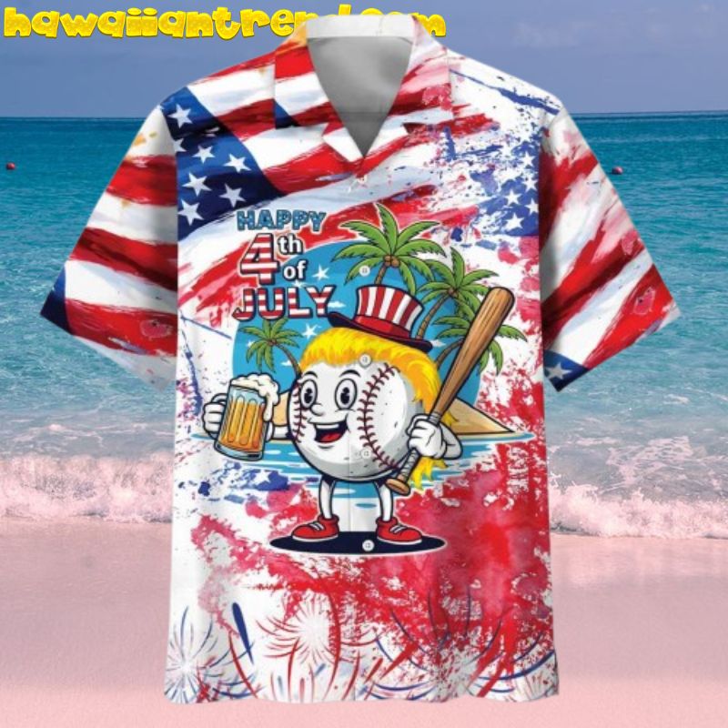 Happy 4th of July Baseball Beer Aloha Hawaiian Shirt