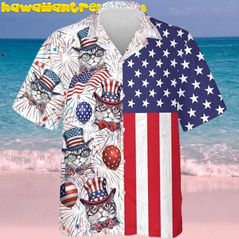 Happy Independence Day 4th of July Cat American Men Hawaiian Shirt