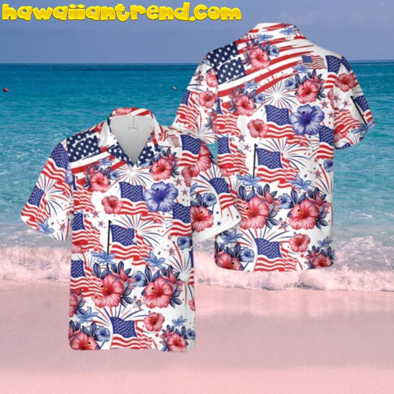 Hibicus Flower American Flag 4th Of July Happy Indepence Day Hawaiian Shirt