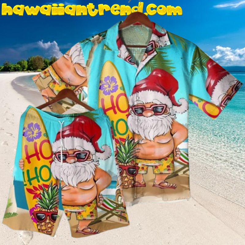 Hohoho Santa Surfboard Tropical Beach Christmas Aloha Hawaiian Shirt
