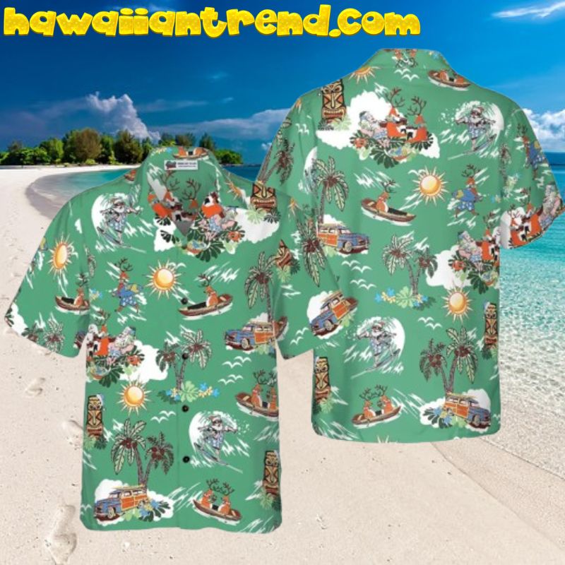 Merry Christmas Santa Claus And Reindeer On The Beach Hawaiian Shirt