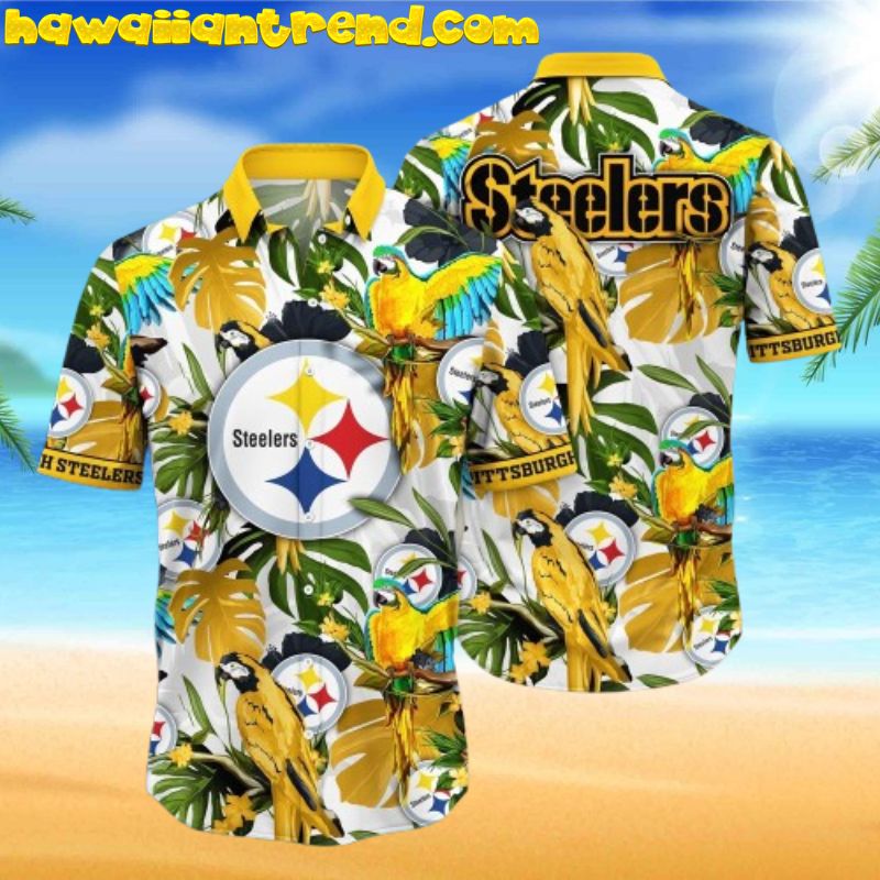 NFL Pittsburgh Steelers Tropical Monstera and Parrot Aloha Hawaiian Shirt NFL Pittsburgh Steelers Tropical Monstera and Parrot Aloha Hawaiian Shirt
