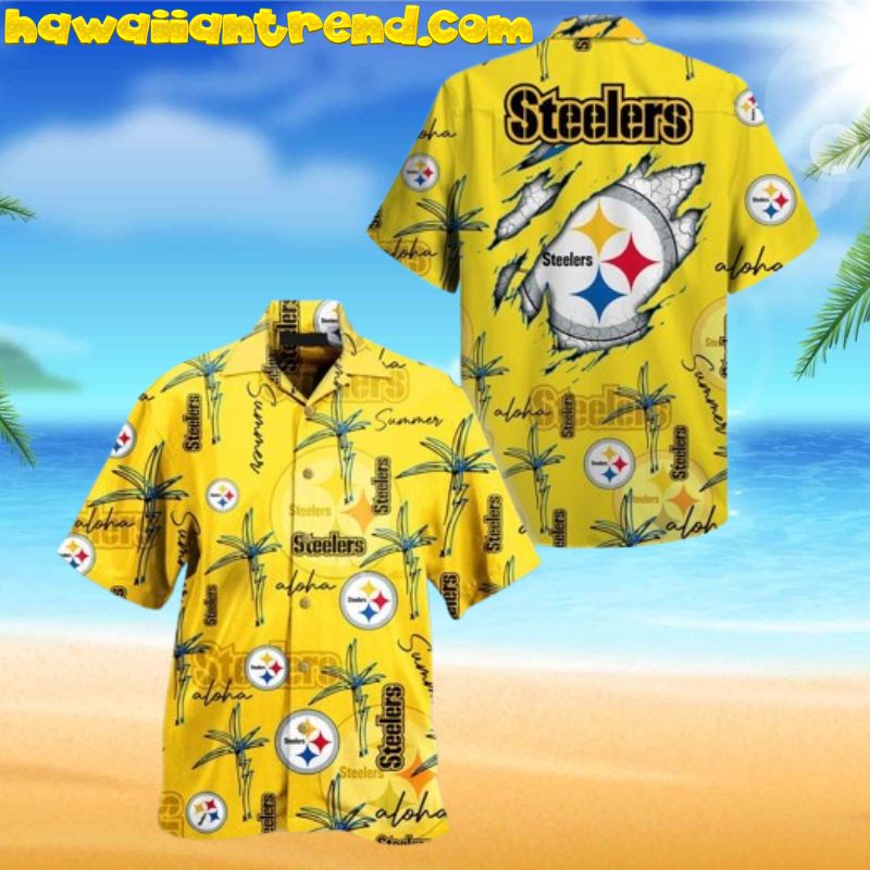 Pittsburgh Steelers Palm Tree Yellow Summer Theme Hawaiian Shirt