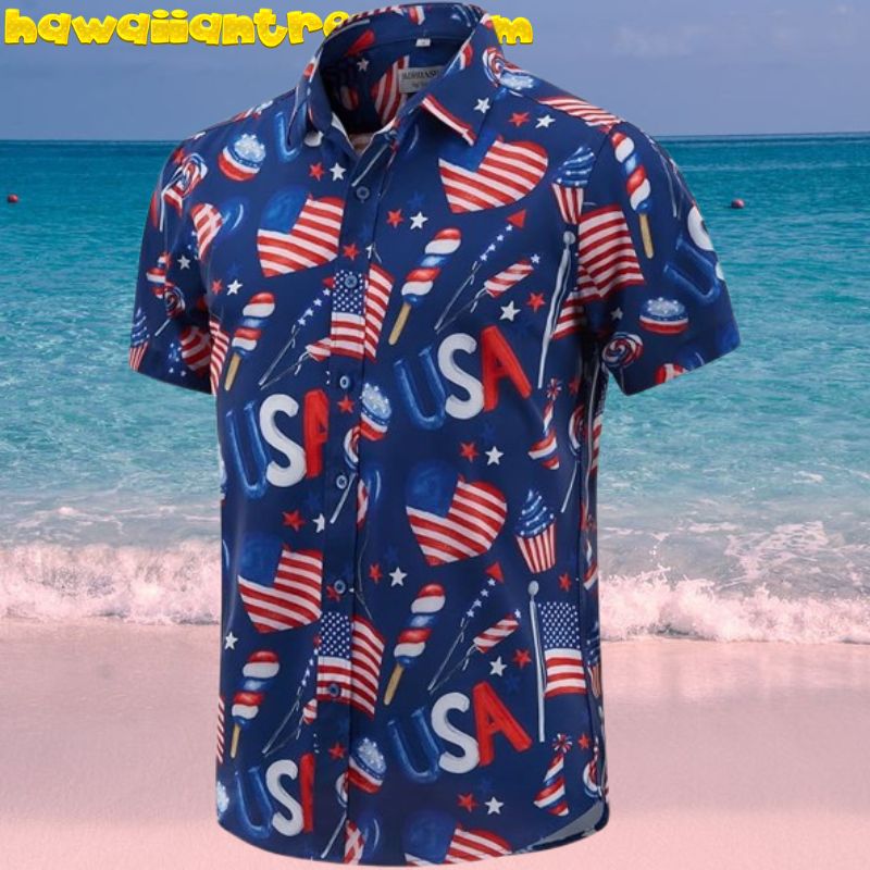 USA Flag Heart Shape 4th Of July Independence Day Hawaiian Shirt