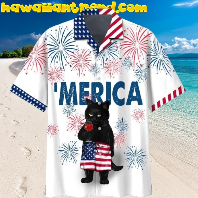 4th of July Black Cat Drink Wine Hawaiian Shirt