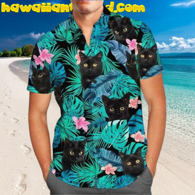 Black Cat Tropical Floral Summer Hawaiian Shirt