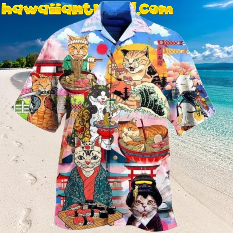 Cat Samurai With Ramen Sushi Lovely Hawaiian Shirt