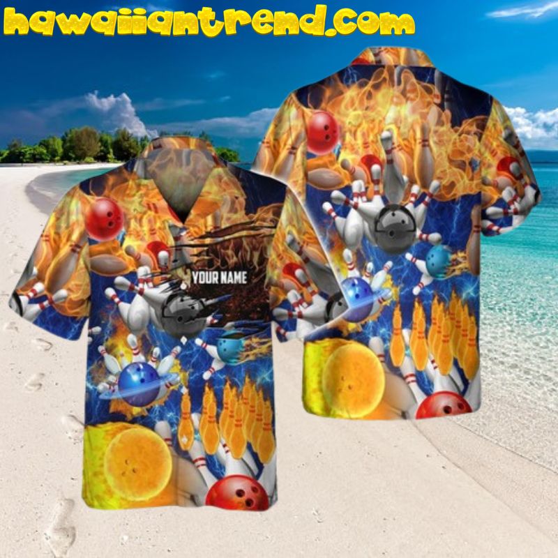 Custom Name Bowling Colorful Balls and Pins Flame Aloha Hawaiian Shirt