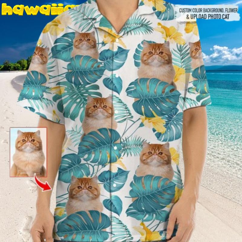 Custom Photo Cat Retro Tropical Pattern Monstera Aloha Hawaiian Shirt