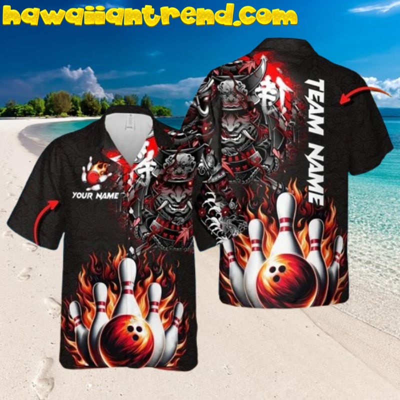 Customized Name Bowling Samurai Warrior Flame Hawaiian Shirt