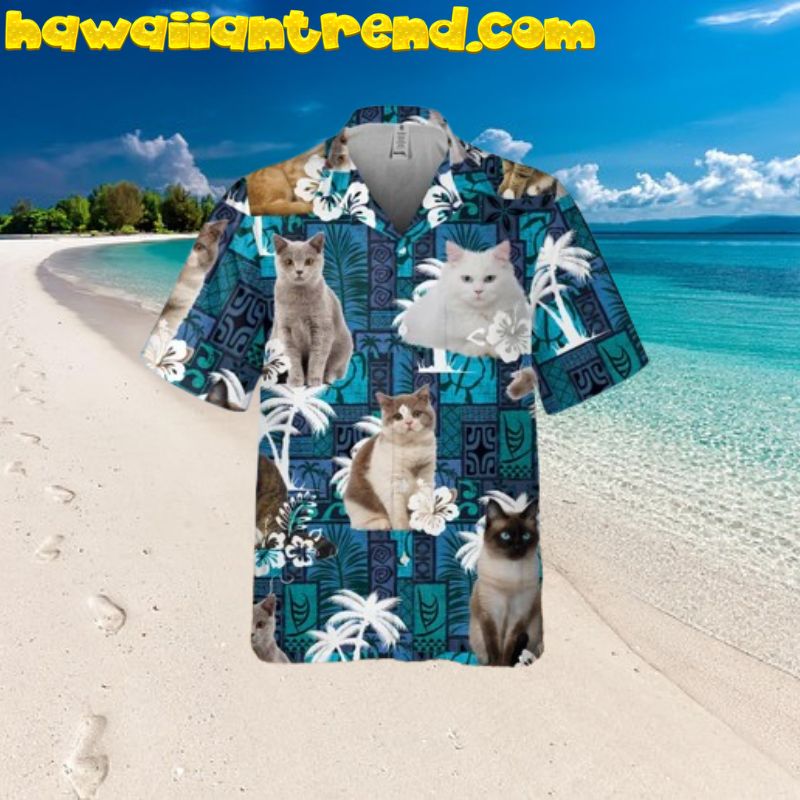 Cute Cat Blue Vintage Pattern Tropical Leaves Hawaiian Shirt