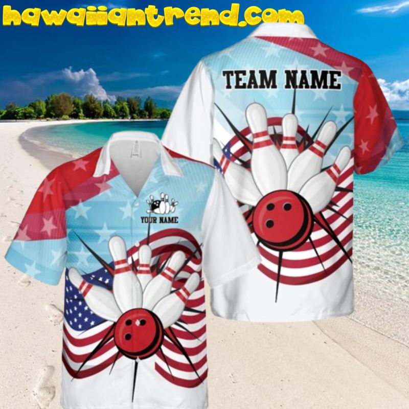 Personalized Name American Flag Bowling Team Hawaiian Shirt