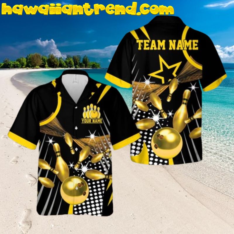 Personalized Name Golden Bowling And Pins Hawaiian Shirt