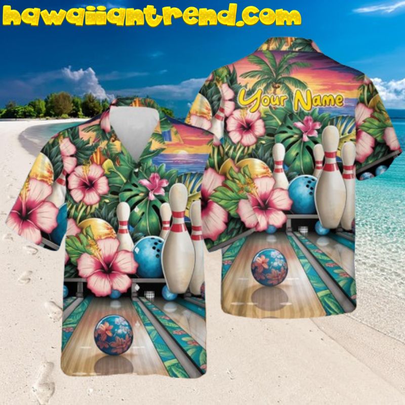 Personalized Name Team Tropical Island Hibiscus Bowling Hawaiian Shirt