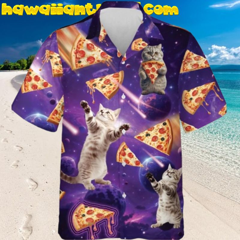 Purple Galaxy Pizza Cat Hawaiian Shirt for Men and Women