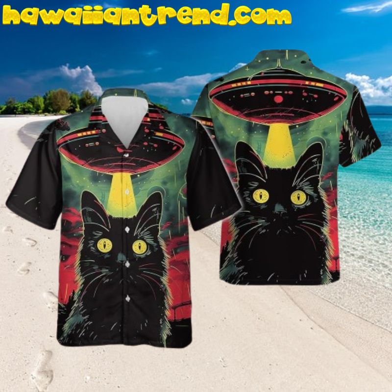 UFO Alien Black Cat Aloha Hawaiian Shirt