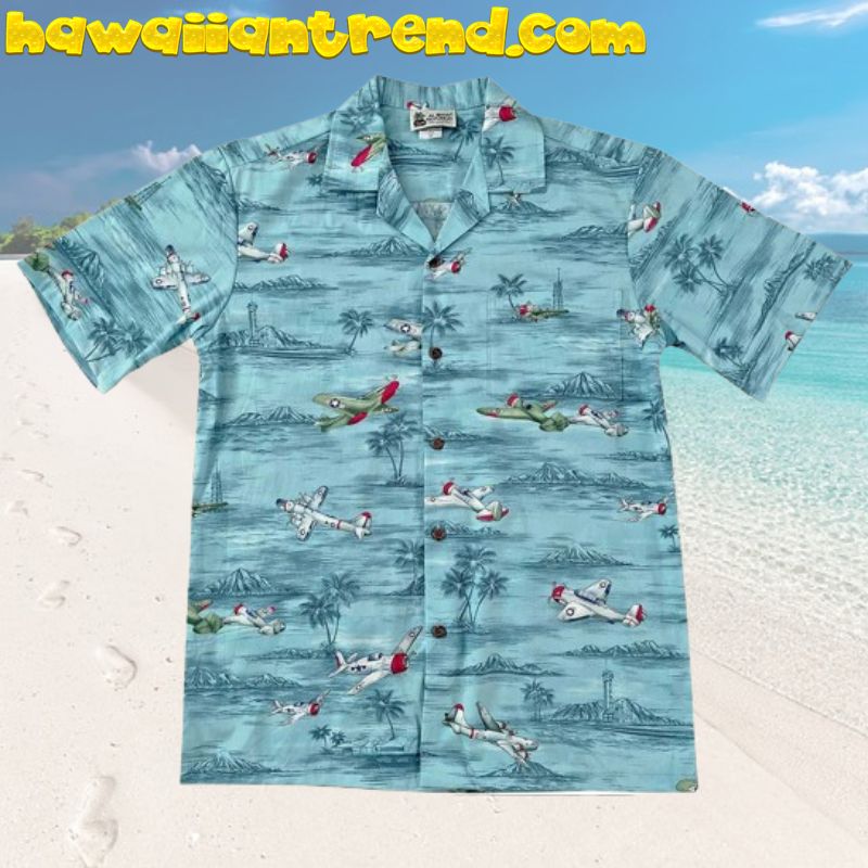 Aloha Republic Vintage Island Wings Military Blue Theme Hawaiian Shirt