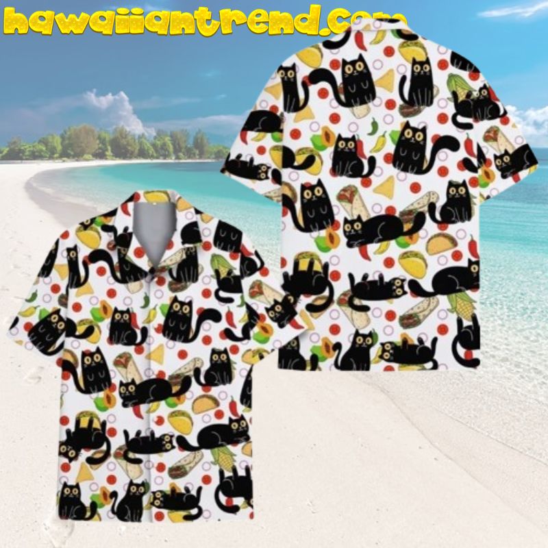 Black Cat and Taco Tropical Fruit Hawaiian Shirt