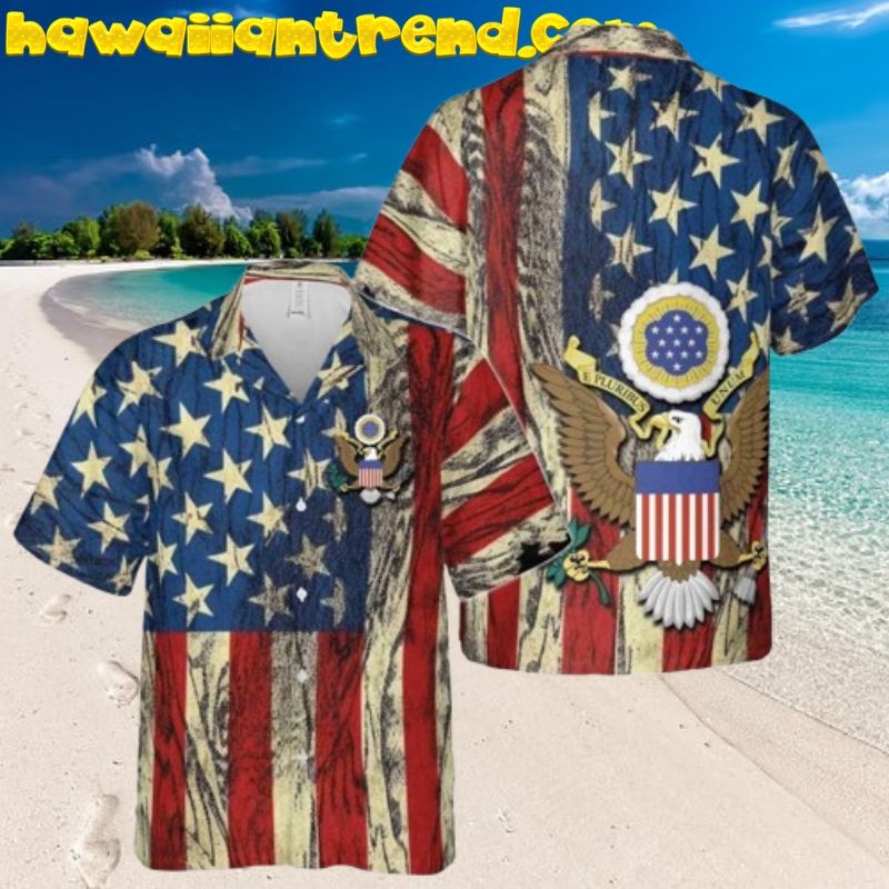 Retro USA Flag Eagle Epluribus Unim Veteran Hawaiian Shirt