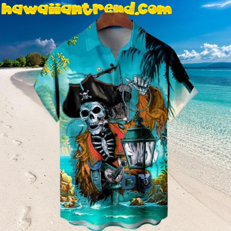 Skeleton Pirate Captain Storm Sailing Aloha Hawaiian Shirt