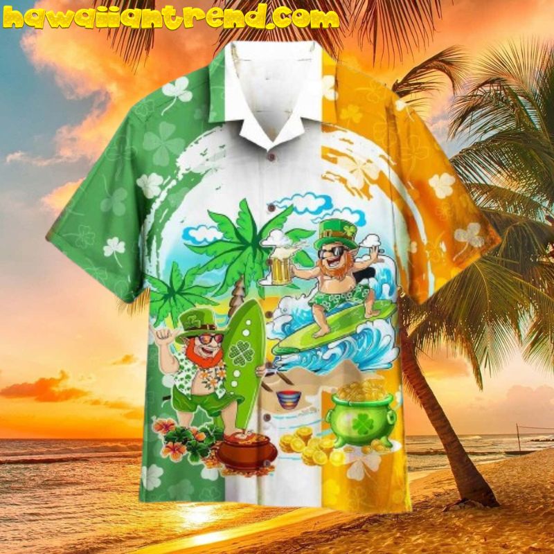 St Patricks Day Surfing And Beer Tropical Beach Hawaiian Shirt