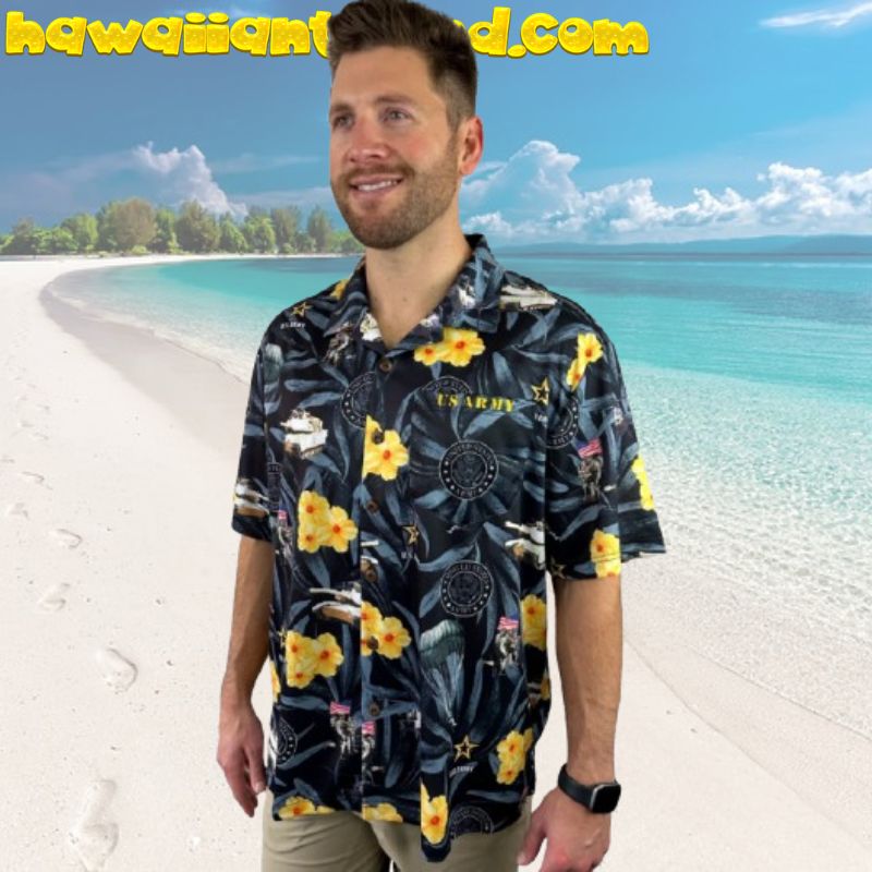 US Army Tank Yellow Frangipani Flower Pattern Hawaiian Shirt