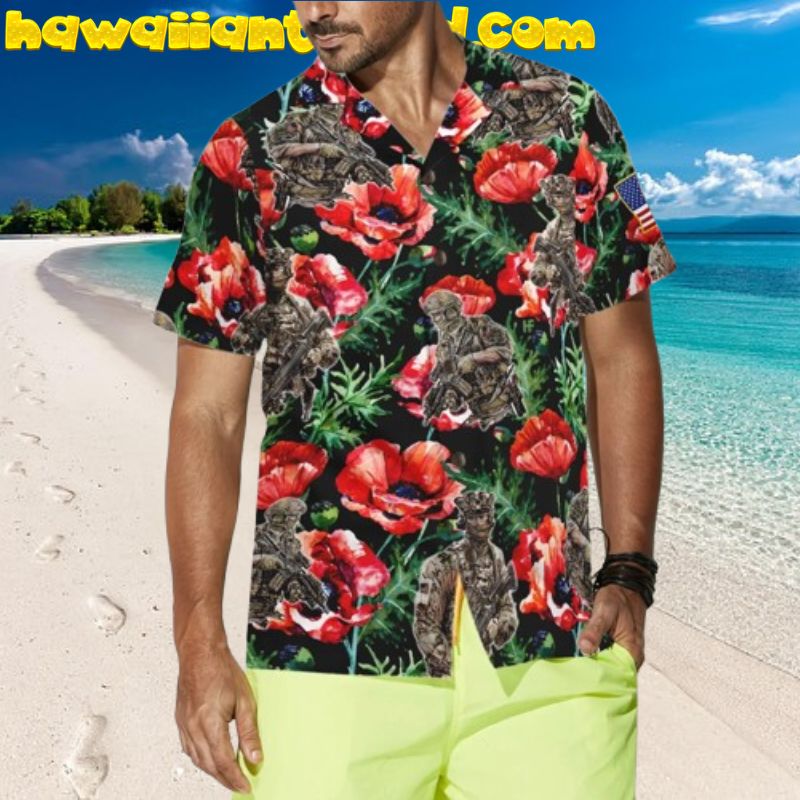 Veteran Less We Forget Red Poppy Hawaiian Shirt