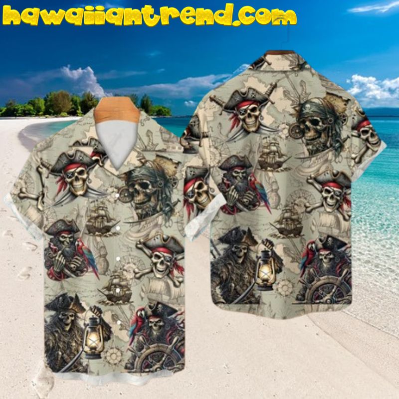 Vintage Pirate Skull Treasure Hunter Hawaiian Shirt