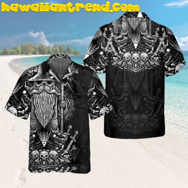 Black And White God Odin Norse Mythology Skull Hawaiian Shirt