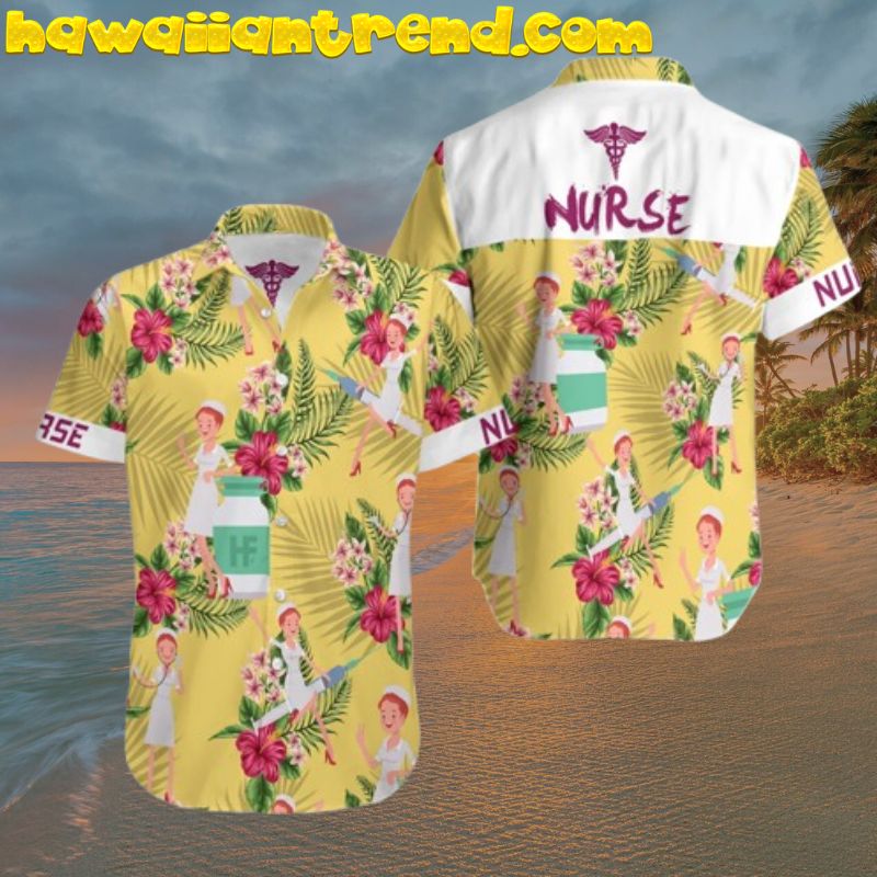 Cute Nurse Tropical Floral Hibicus Yellow Theme Hawaiian Shirt