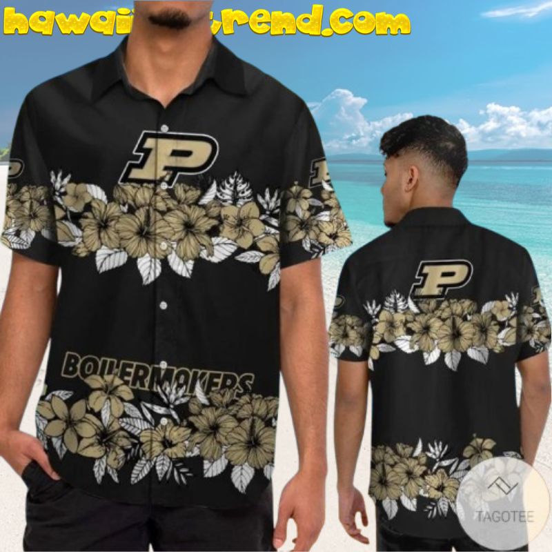 Purdue Boilermakers Hibicus Vintage Black Theme Hawaiian Shirt