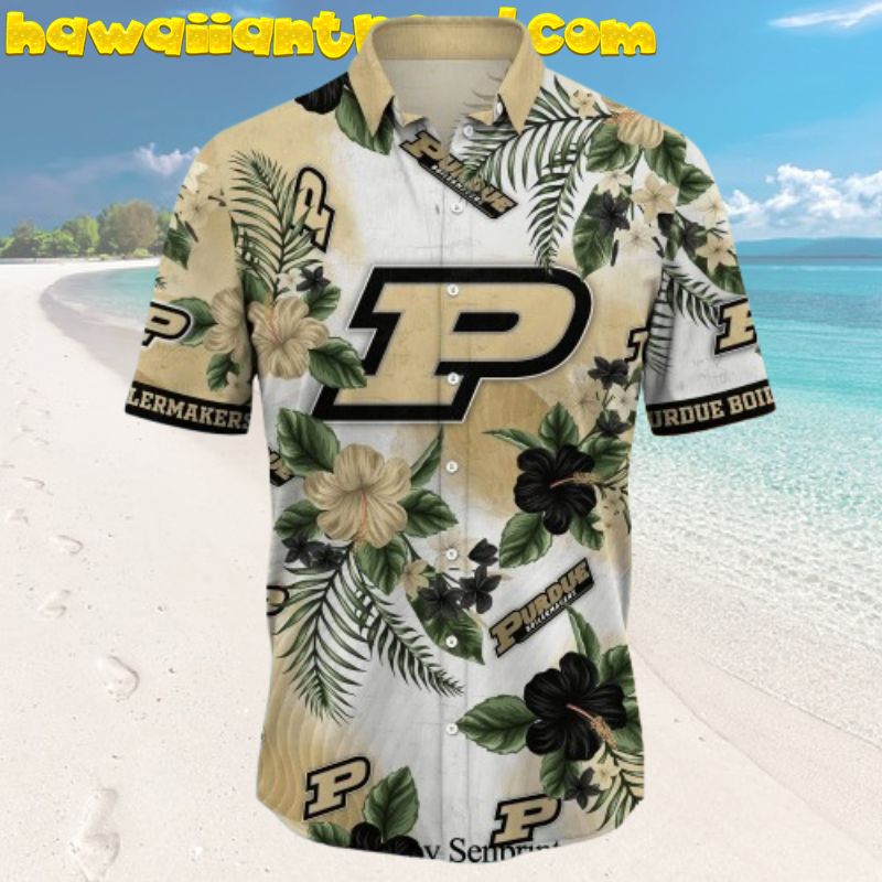 Purdue Boilermakers NCAA Large Logo Tropical Hibicus Hawaiian Shirt