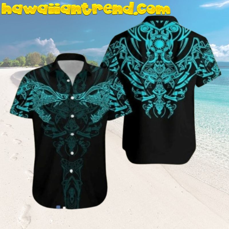 Viking Wolf Turquoise Black Theme Hawaiian Shirt For Men And Women