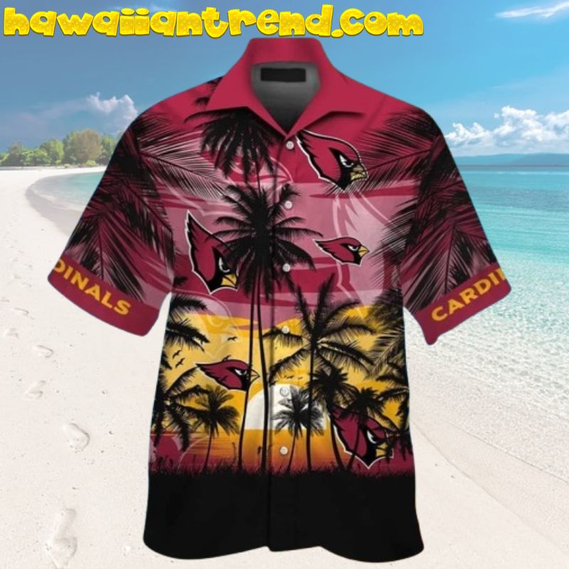 Arizona Cardinals Short Sleeve Button Up Tropical Sunset Faded Hawaiian Shirt