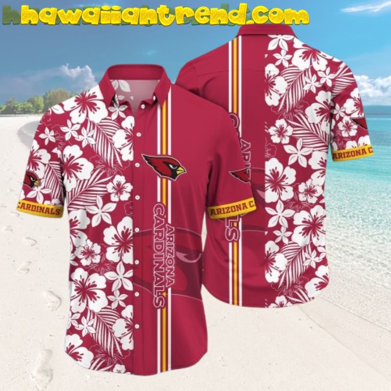 Arizona Cardinals White Hibiscus Flower Exotic Island Striped Hawaiian Shirt