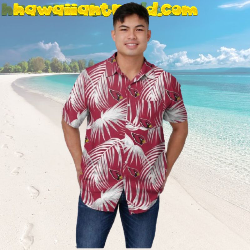 Arizona Cardinals White Palm Leaves Design Hawaiiantrend Hawaiian Button Up Shirt