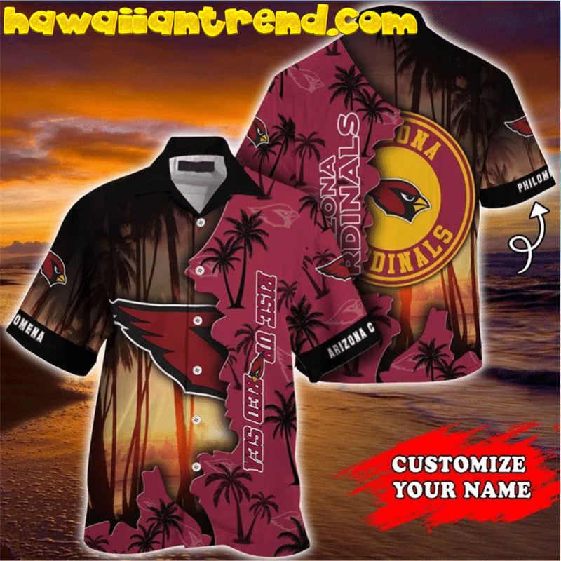Customize Name Arizona Cardinals Iconic Logo Half Tropical Beach Sunset Hawaiian Shirt