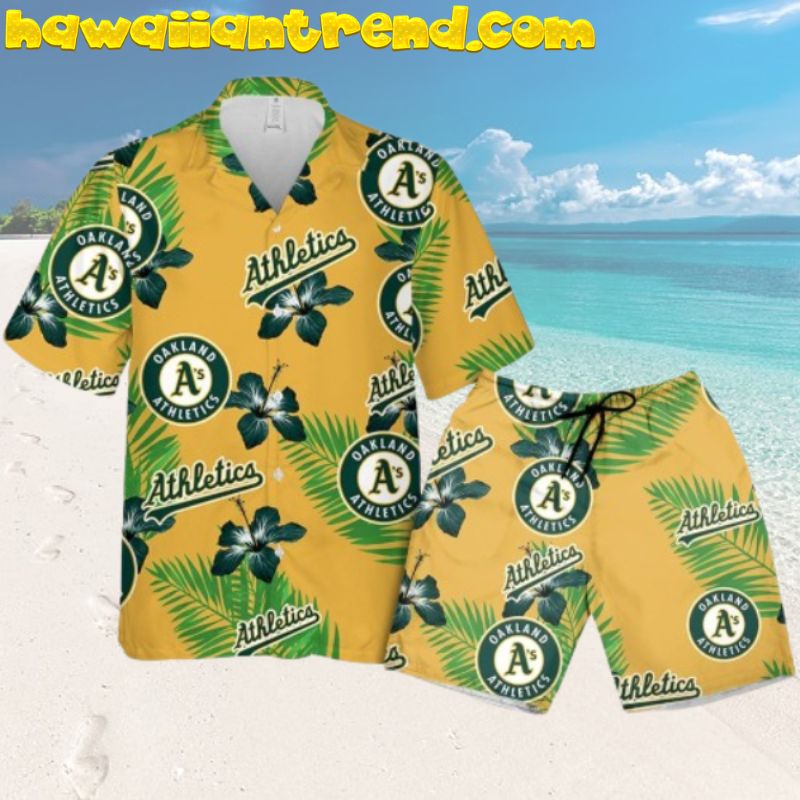 Athletics Oakland Green Leaf Hibiscus Flower Summer Hawaiian Shirt And Shorts