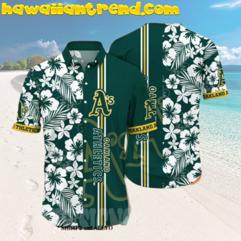 Athletics Oakland MLB Hibicus Flower Classic Stripe Hawaiian Shirt