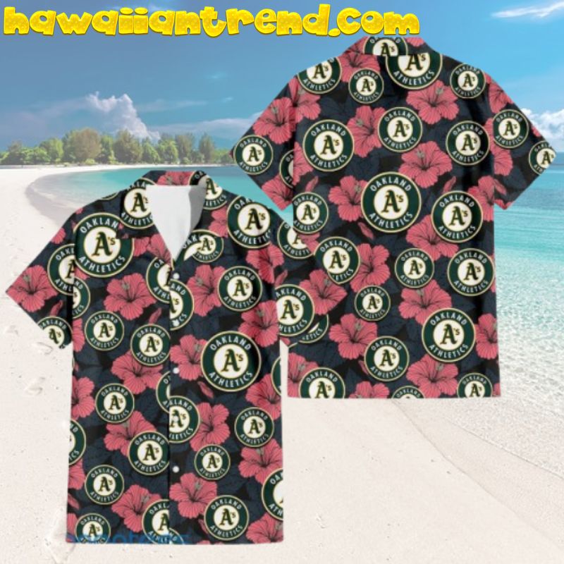 Athletics Oakland Seamless Light Coral Hibicus Big Logo Hawaiian Shirt