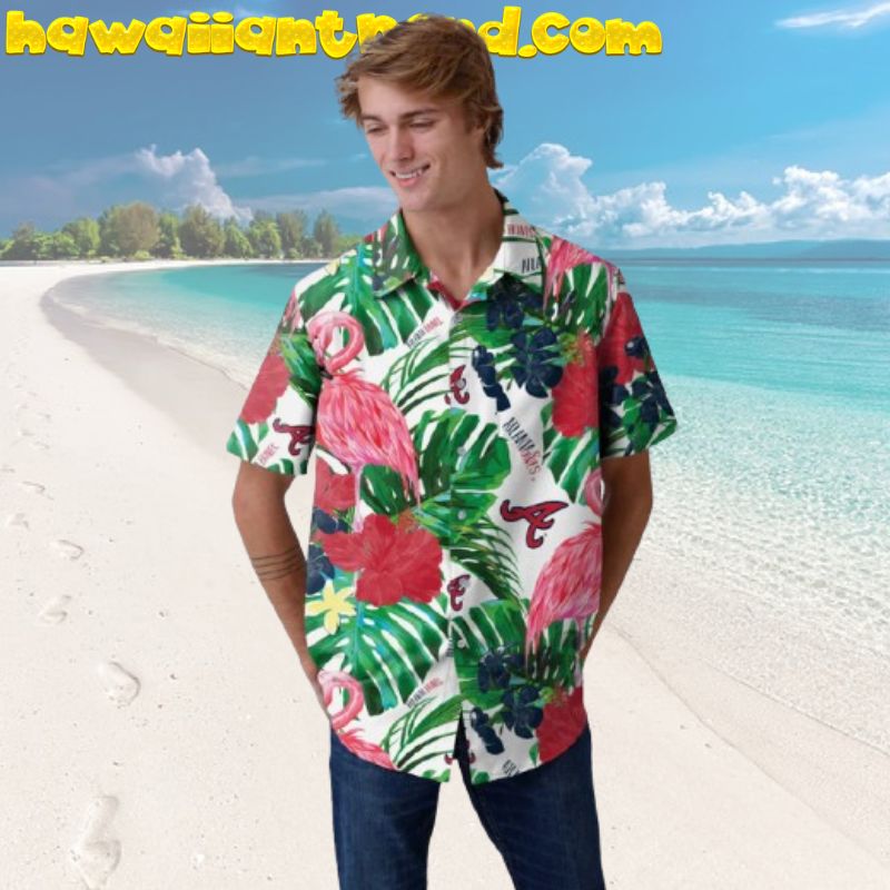 Atlanta Braves Monstera Pink Flamingo Button Up Hawaiian Shirt