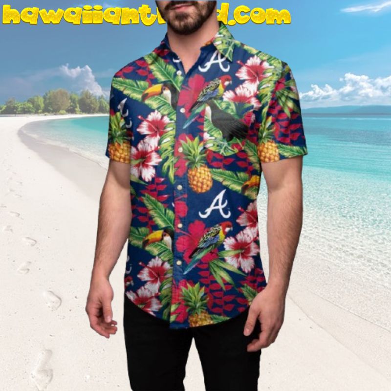Atlanta Braves Tropical Bird Toucans Tropical Fruit Button Up Hawaiian Shirt