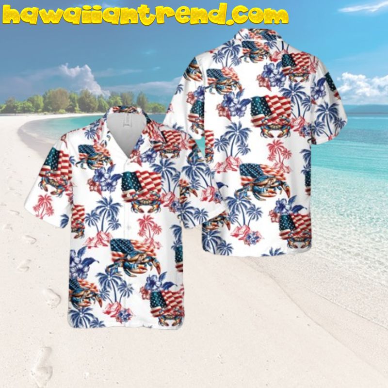 Blue Crab USA Flag Tropical Island Patriotic Hawaiian Shirt