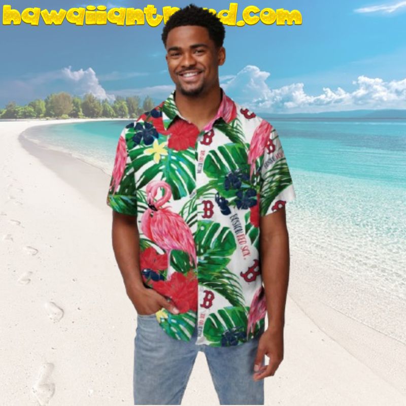 Boston Red Sox Flamingo Tropical Pattern Button Up Hawaiian Shirt