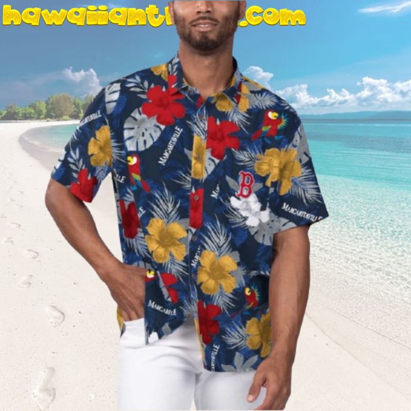 Boston Red Sox  Margaritaville Yellow Hibiscus Navy Hawaiian Shirt